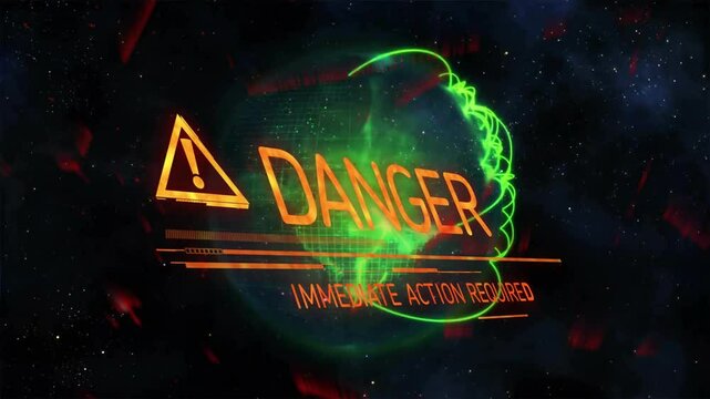Starfield initiating sphere appearing icon fading and text morphing neon swirling for urgent alert