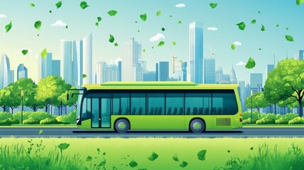Eco-friendly green electric bus driving in city. Promoting zero-emission and sustainable public transport.