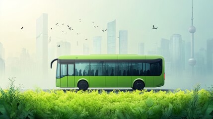 Eco-friendly green electric bus driving in city. Promoting zero-emission and sustainable public transport.