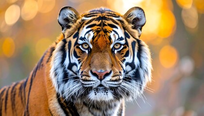 Fototapeta premium Majestic Tiger Portrait: Close-Up of Orange and Black Stripes Against Golden Background