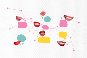 Trend artwork composite photo collage design of think mind note balloon message many mouth say...