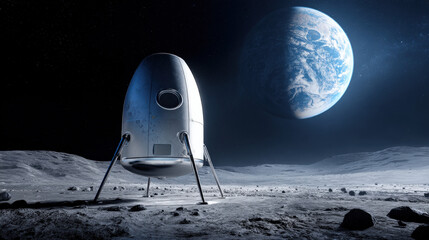 Futuristic moon lander on rocky lunar surface with Earth visible in dark sky, space exploration and lunar mission concept.