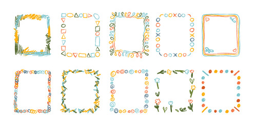 Hand drawn decorative frames doodle crayon border with empty copy space artistic collection