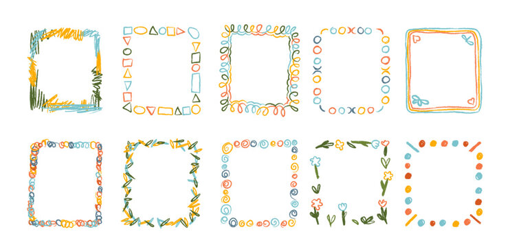 Hand drawn decorative frames doodle crayon border with empty copy space artistic collection