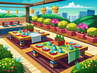 Obraz premium vector of The roof garden is prepared with artificial grass flooring and dinner service with rectangular wooden pots and colorful flowers planted in the pots.