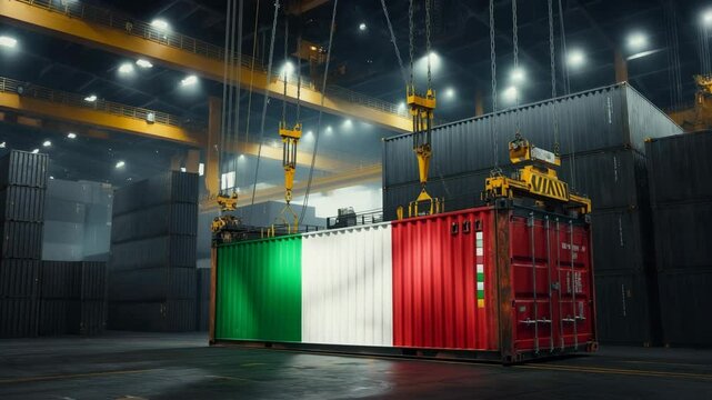 Shipping container with Italian flag being lifted in a modern freight warehouse
