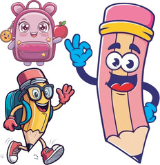Cute cartoon character vector of pencil and backpack