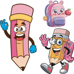Cute Pencil and Backpack Characters vector for Back to School Design