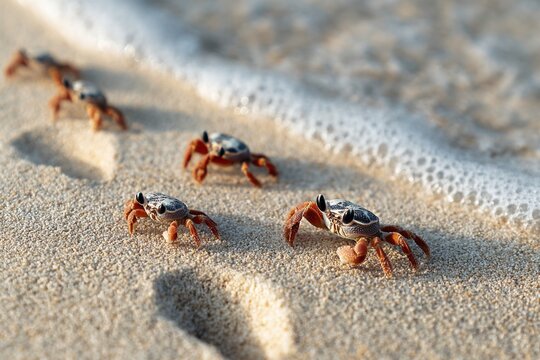 Small ghost crabs crawling along sandy beach near foamy water, featuring detailed shells and legs in sunny environment