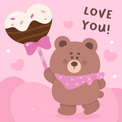World chocolate day with cute teddy bear cartoon holding heart lollipop kawaii animal