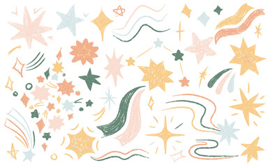 Colorful celestial shapes with crayon texture whimsical doodles, starry pencil stencils elements