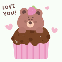 World chocolate day with cute teddy bear cartoon in cupcake strawberry