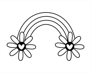 Black and white rainbow and flowers, isolated cartoon seasonal celestial object. Hand drawn vector illustration in flat style.	
