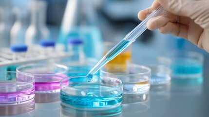 Laboratory experiment with pipette transferring blue liquid into petri dish filled with colorful solutions
