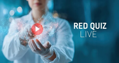 Scientist in lab coat holds virtual play button over data