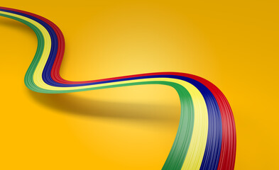Flag Of Mauritius Wavy Shiny Mauritius Ribbon Flag Isolated On Yellow Background 3d Illustration