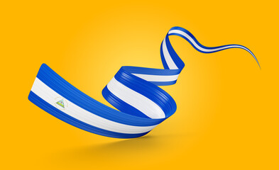 Flag Of Nicaragua Shiny Waving Nicaragua Ribbon Flag On Yellow Background 3d Illustration