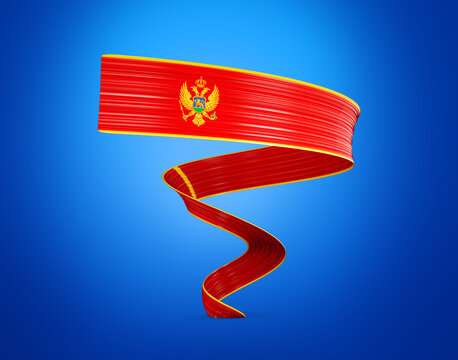 Flag Of Montenegro Shiny Waving Twisted Ribbon Flag Isolated On Blue Background 3d Illustration - Powered by Adobe