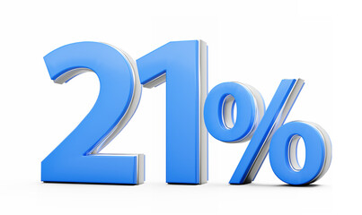 Vibrant Blue 21% Twenty One Percent Sign With Metallic Gleam On White Background 3D Illustration