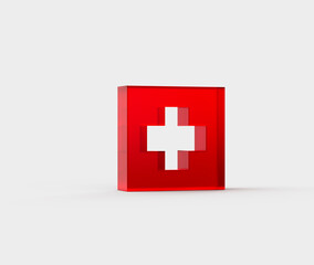 Fototapeta premium 3D Red first aid icon with a white cross, symbolizing medical help and healthcare. 3d illustration