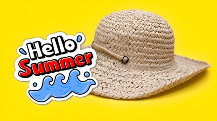 Straw hat and sticker with "hello summer" text on bright yellow background in cheerful summer concept

