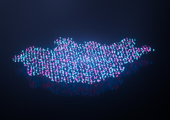 Illuminated Mongolia Digital Data Map Pink And Blue Neon Glowing Particles 3D Illustration