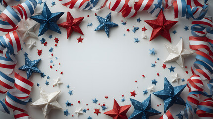 Obraz premium American flag color paper stars confetti and paper streamers. white space background at center for web banner design. Labor Day celebration. 4th of July