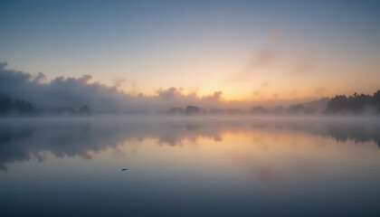 Fototapeta premium Serene sunrise over a misty lake with soft reflections and tranquil surroundings in the early morning light