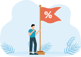The increase in interest rates due to rising inflation. The US Fed raised interest rates to fight inflation. A businessman waving a flag with a percentage symbol on a pole.
