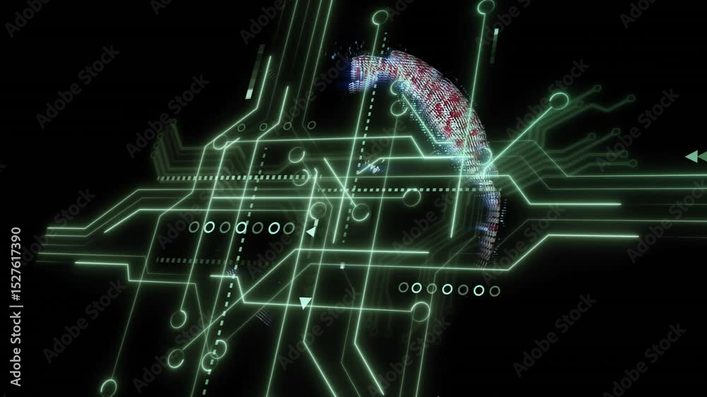 Poster pixel cluster forming starting digital globe rotating and linking neon circuits for data display