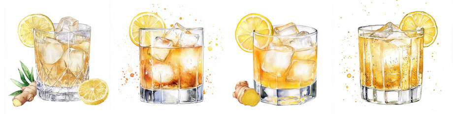 Set of watercolor illustrations of Penicillin cocktails with ice cubes, lemon slice and ginger root. Hand-painted drink collection on white background. Alcoholic beverages. 