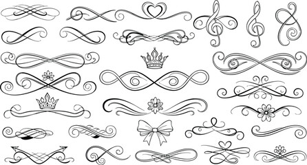 Elegant collection of black and white ornamental vector flourishes and decorative design elements in various styles