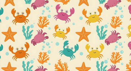 A whimsical illustration showcases a repeating pattern of sea creatures and bubbles.