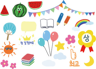 Cute and colorful hand-drawn doodles featuring summer elements, school supplies, reward badges, and festive decorations in a kawaii cartoon style.