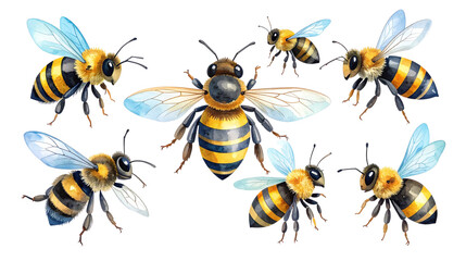 Close-up of a bee on a white background.
