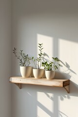 A serene, minimalist wooden shelf, weathered to a warm beige