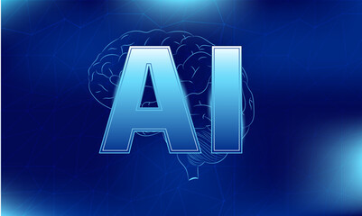 Futuristic AI interface with glowing text and digital lines on a dark blue horizontal background.