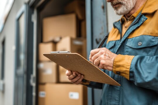 Senior adult worker writing on clipboard in front of delivery truck loaded with cardboard boxes, focused on paperwork