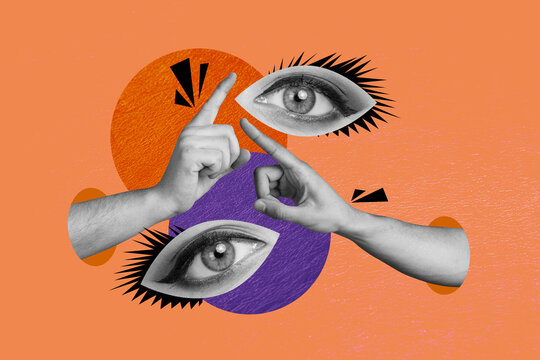 Contemporary art banner collage of hands point index finger gesture eyeball stare control observe spy stalker eyelashes view