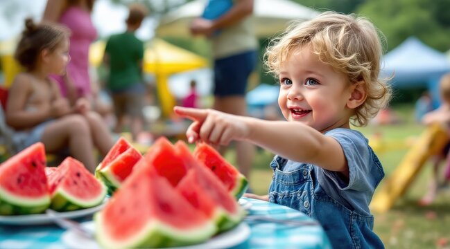 summer farmers market experience. A joyful child points at watermelon slices in a vibrant outdoor setting, surrounded by colorful tents and people enjoying a sunny day. - Powered by Adobe