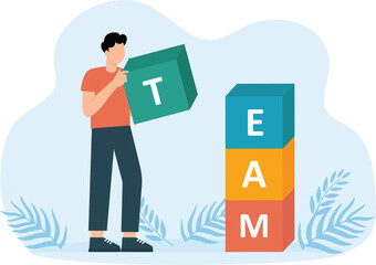 Businessmen arrange the boxes that say team. Teamwork symbol and  cooperation concept
