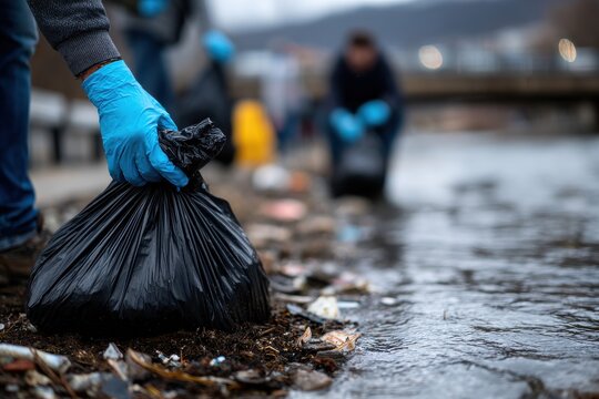 River Cleanup: Volunteer Collecting Trash