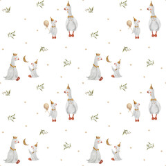 Seamless pattern geese in green leaves, branches berries. Watercolor illustration goose hand drawn in children's style on white background for the design textiles, fabrics, packaging, clothes, cards © Anastasia Brekhova