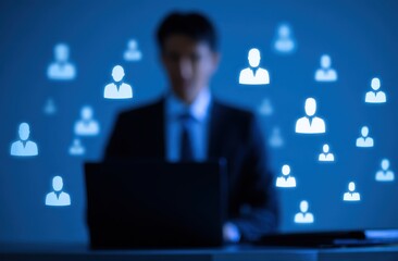 Businessman at laptop, surrounded by blurred user icons