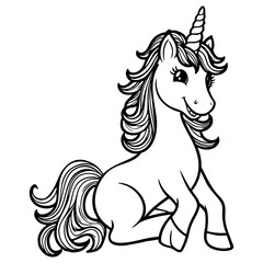 Majestic Sitting Unicorn with Flowing Mane Coloring Page Design