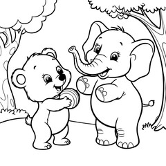 Cute Bear and Baby Elephant Playing with Ball in Forest