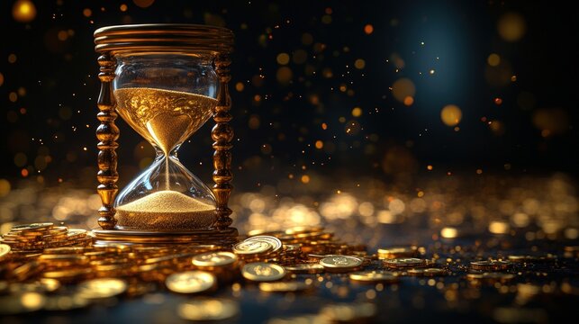 Golden hourglass over coins, symbolizing fleeting time and wealth