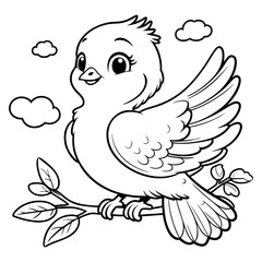 Happy Cartoon Bird Sitting on Branch Coloring Page for Children