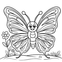 Smiling Cartoon Butterfly with Flowers for Kids Coloring Fun