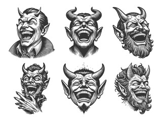 Laughing Devils and Demons Set collection bundle sketch engraving generative ai vector illustration. Scratch board imitation. Black and white image.